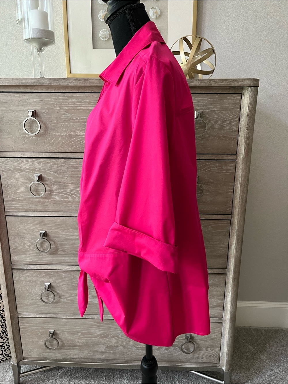 Just My Size 2X Hot Pink Fuscia V Neck Collared Blouse High Low 3/4 Sleeve Ties - Picture 2 of 8